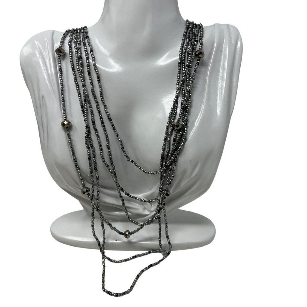 Six Strand Necklace Silver Tone Beaded Graduated Shiny Statement